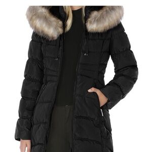 Laundry By Shelli Segal Black Puffer Jacket with Fur Trim